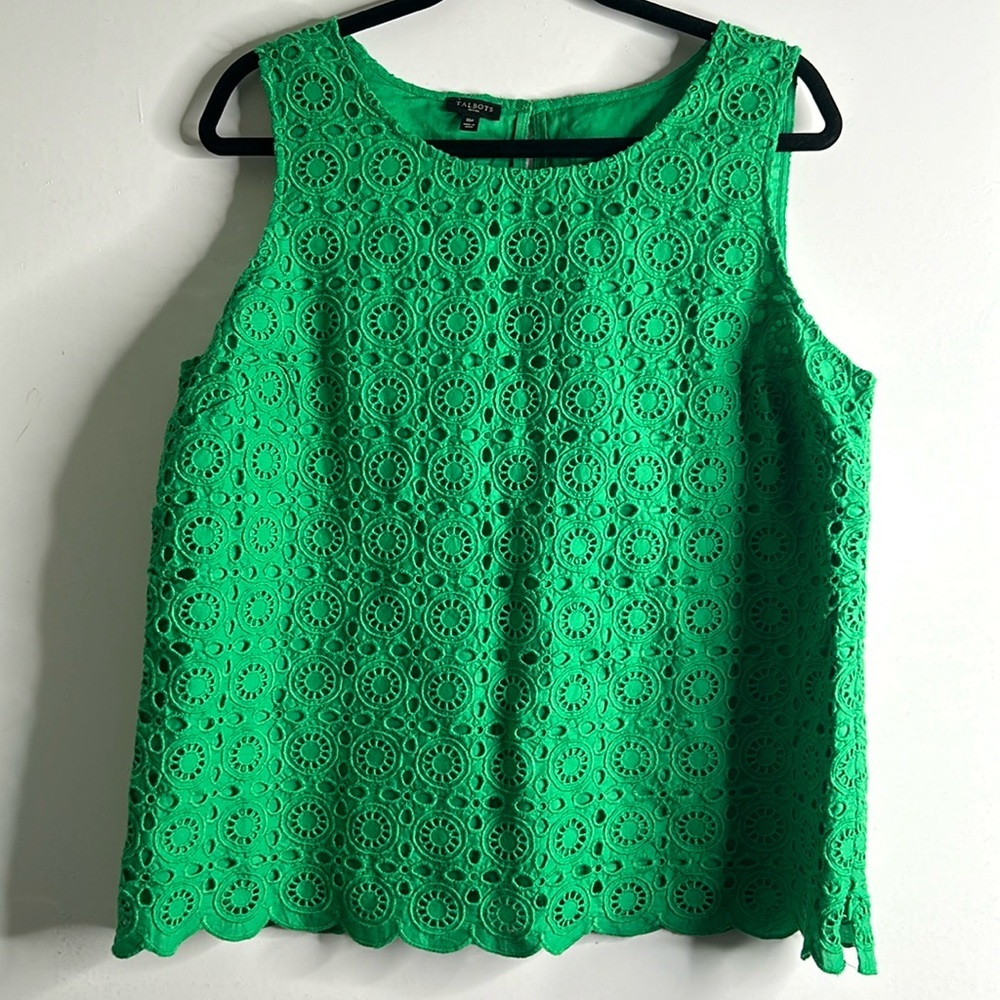 Talbots green eyelets embroidery sleeve less cotton top size 16p